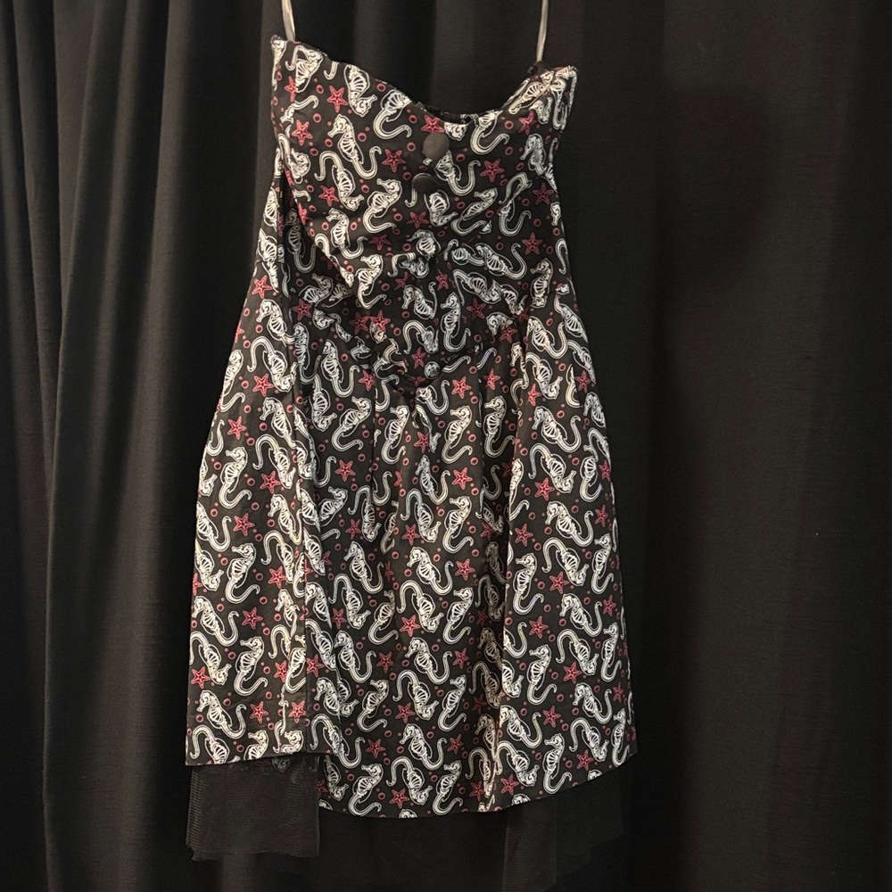 Sourpuss Black and White Strapless Dress with Red Accents